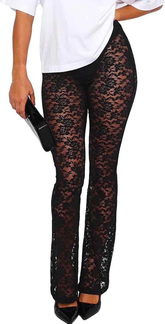 Women Lace Pants Leggings Sexy Sheer Mesh Rave Pants Wide Leg Bell Bottom Cover Up (Large, Black)
