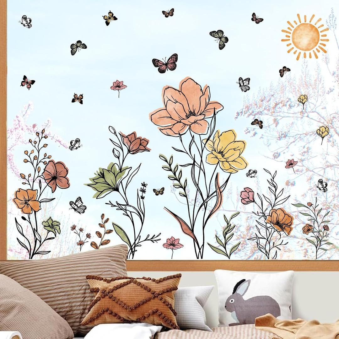 Wildflower Flowers Window Decals Boho Double-Sided Window Clings for Glass Anti-Collision Windows Decal to Save Birds for Living Room Peel and Stick Butterflies Floral Line Sticker for Bedroom Kitchen