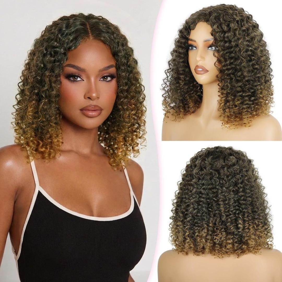 Omber Dark Brown Curly Wigs for Black Women 12 Inch Glueless Synthetic Lace Front Wig with Middle Part Pre Cut Lace Hairline for Daily Use