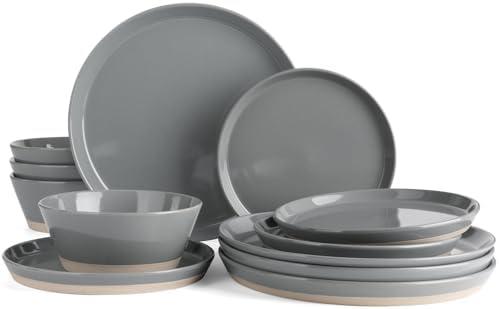 Famiware Saturn Dinnerware Sets, 12 Pieces Dish Set, Plates and Bowls Sets for 4, Dark Gray