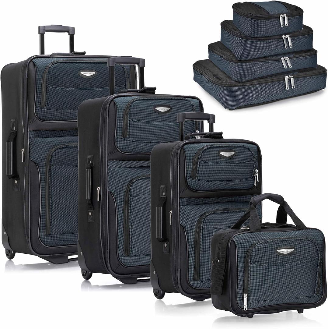 Travel Select Amsterdam Softside Expandable Luggage with Rolling Wheels, Navy, 8-Piece Set (15/21/25/29) with Packing Cubes