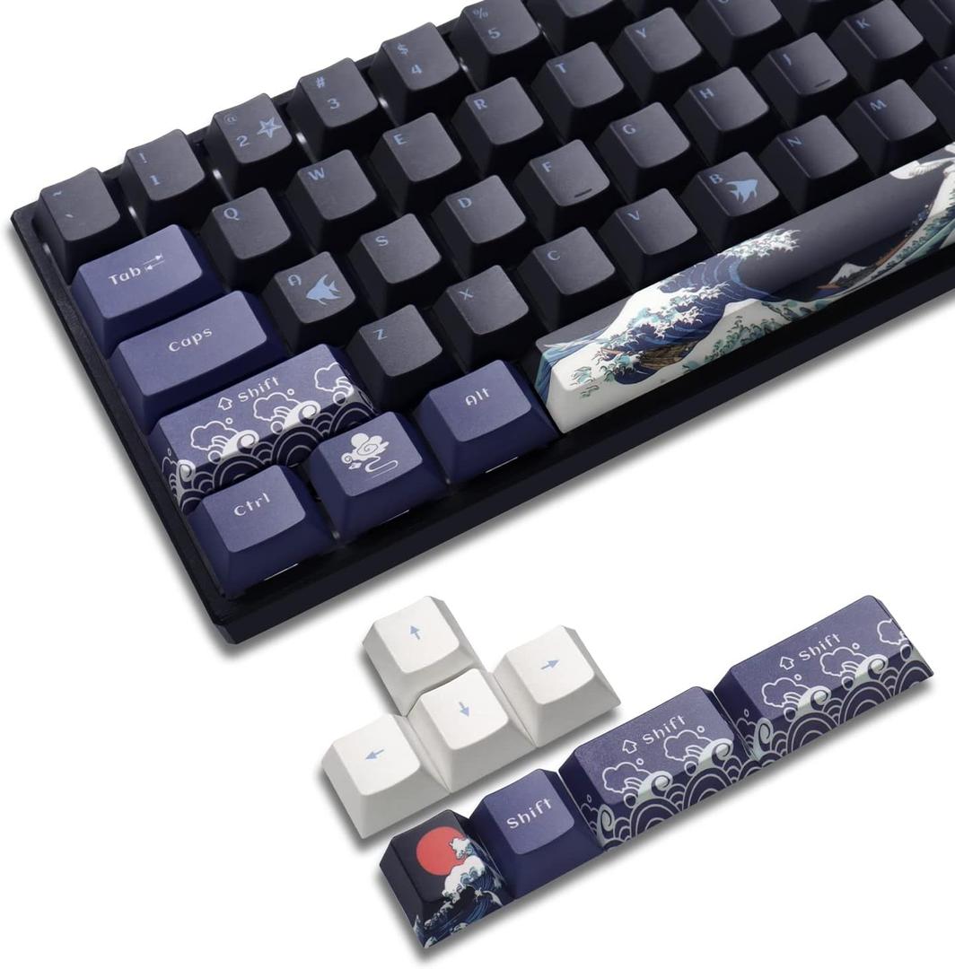 XVX PBT Keycaps - Great Wave of Kanagawa Japanese Design, Dye-Sub Custom Keycaps Set, Cherry Profile for 61/64/66/68 Cherry/Gateron MX Switches, 78 Key Set