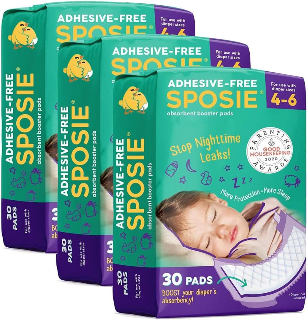 Sposie Overnight Diaper Booster Pads, Stops Leaks and Bedwetting, Original Adhesive-Free Absorbent Inserts, Helps Reduce Nighttime Changes and Rash, Use with Sizes 4-6, Made in U.S.A. 90 ct. Pack Of 3