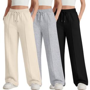 3 Pack Girls Wide Leg Sweatpants Drawstring Baggy Pants Teen Girls Athletic Joggers Pants with Pockets (11-12 Years, White, Light Heather Gray, Black)