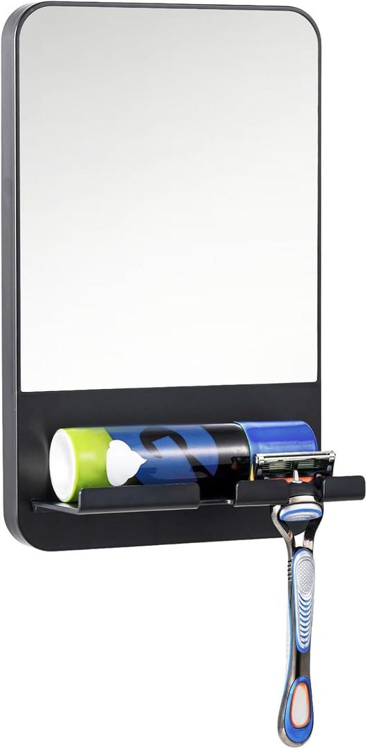 TAILI Fogless Shower Mirror, Anti-Fog with Razor Holder, Suction Shaving Mirror with Storage Tray, Rust-Proof, Shatterproof, Removable for Bathroom, Shower Accessories, Black (Dark Black)