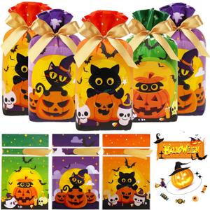 HRX Package 50pcs Halloween Treat Bags, 5.8x9x2.4 inch Drawstring Candy Goodie Bags for Trick or Treat (Orange Purple Green)