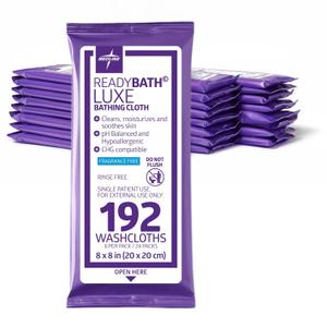 Medline ReadyBath LUXE Extra Thick Adult Bath Wipes, 192 Wipes (8 Wipes, 24 Packs), Unscented, No Rinse Formula with Aloe, Shower Wipes for Sensitive Skin, Hypoallergenic Body Wash Wipes, 8 x 8 Inch