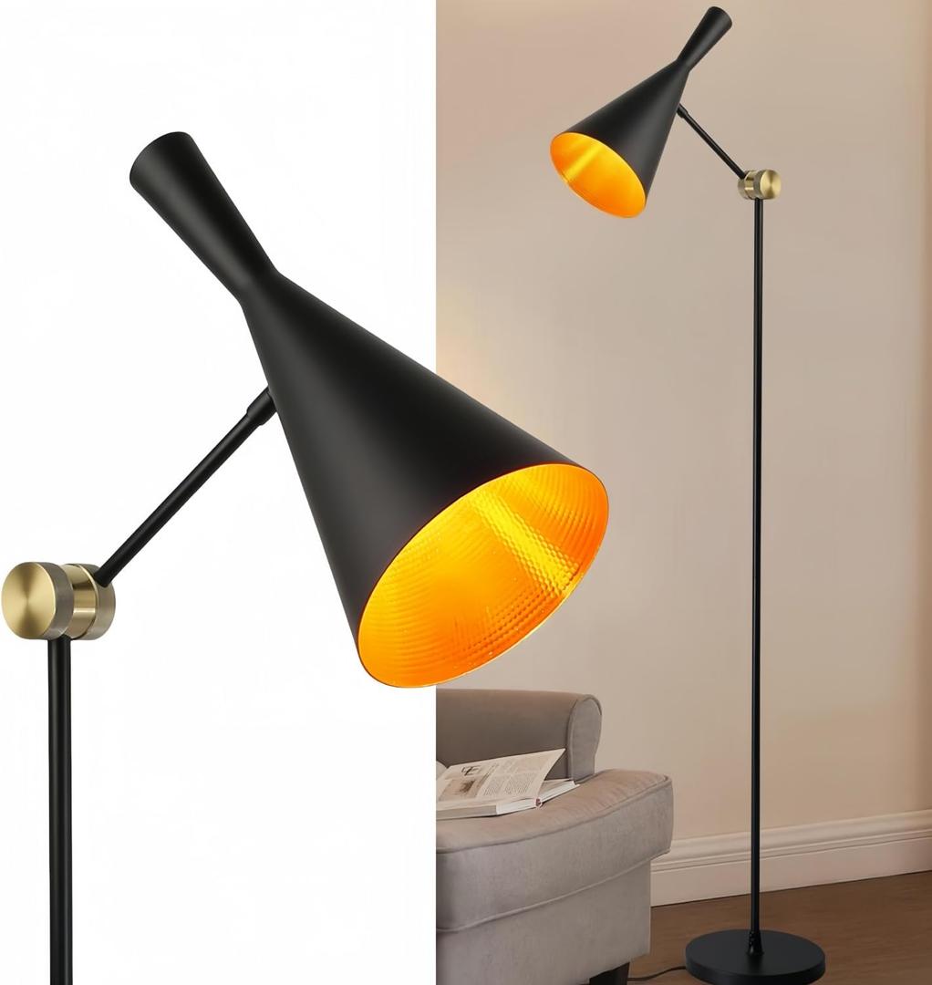 Modern Industrial Floor Lamp For Bedroom, 64'' Adjustable Gold Inner Shade Tall Floor Lamp For Office, Living Room, Skinny Corner Accent Reading Standing Lamp, Retro Farmhouse Mid-Century, Black