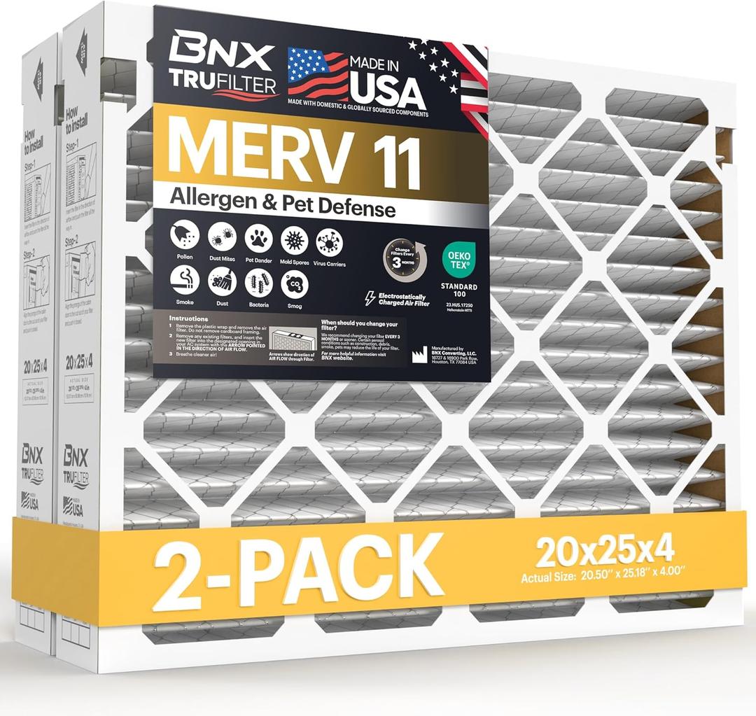 BNX TruFilter 20x25x4 Air Filter MERV 11 (20.50 x 25.18 x 4.00 (Compatible with Aprilaire 210) (2-Pack) MADE IN USA Furnace Filters HVAC AC Furnace Filters for Allergy Dust, Pet, MPR 1200 FPR 7