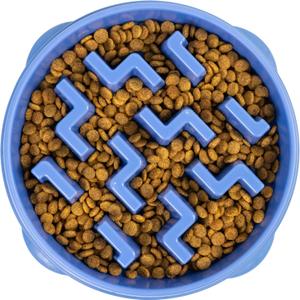 Outward Hound Fun Feeder Slo Bowl  Large 4Cup Capacity, Slow Feeding, Medium to Large Dogs, NonSlip, Blue, Notch Pattern