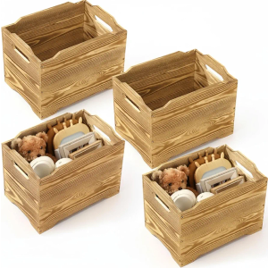 Maxdot 4 Pcs Large Stackable Wood Storage Crates Cubes Boxes with Handles 14 Inch Rustic Storage Bins Crates Baskets for Shelves Closet Bookcase Office Home Storeroom