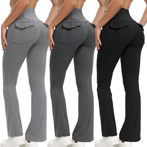 Women's Flare Leggings with Pockets High Waisted Butt Lifting No Front Seam Tummy Control Bootcut Yoga Pants for Women L