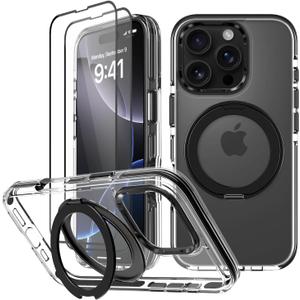 Clear Case for iPhone 16 Pro Case with Stand & 2X Screen Protector [ Compatible with MagSafe ], Military Grade Drop Protection Magnetic Phone Cover with Ring for Women Men, Black