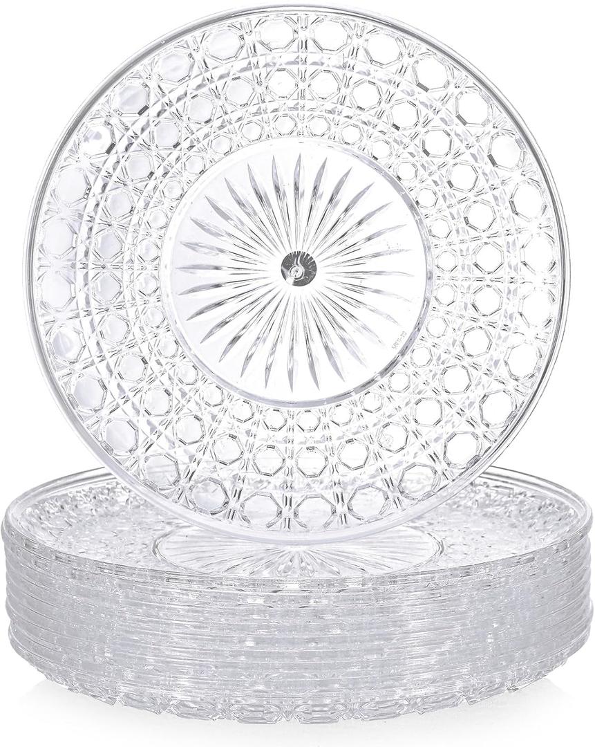 10 Pcs Round Plastic Serving Platters Bulk Clear Plastic Tray Acrylic Crystal Flan Plates Diamond Embossed Dinnerware for Party Food Cake Cookie Fruits Birthday Wedding Supplies(9.8 Inch)