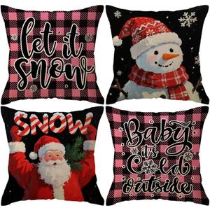 4pack Winter Snow Throw Pillow Case Buffalo Check Plaid with Snowman Santa Cushion Covers Christmas Winter Holiday Farmhouse Decorative Pillowcases 18 x 18 Inches for Sofa Couch(Pink)