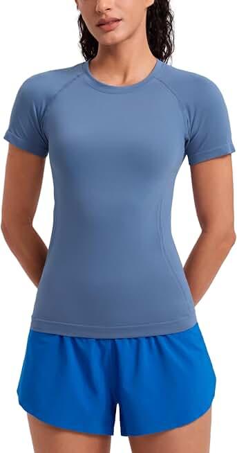 CRZ YOGA Seamless Workout Tops for Women Hip Length - Athletic Running Gym Yoga Short Sleeve Shirts Breathable Crewneck Tees, Size S