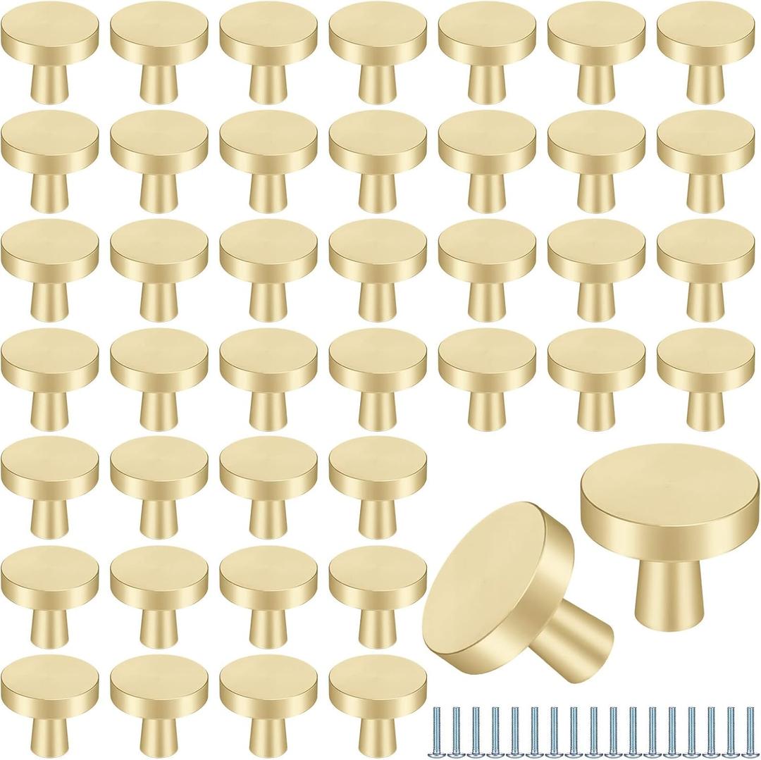 Therwen 50 Pcs Cabinet Knobs Brass Round Drawer Pulls Closet Door Knobs Mushroom Dresser Solid Hardware with Screws for Kitchen Cupboard Bedroom(Gold) (1.18 Inch)