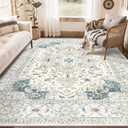 Area Rugs for Living Room - 4x6, Boho Non-Slip Low Pile Carpet Washable Rugs for Bedroom,Office, Dining Room (BeigeBlue)
