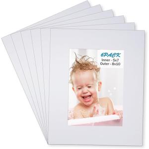 Egofine 8x10 White Picture Mats Pack of 6, Frame Mattes for 5x7 Pictures, Acid Free, 1.2mm Thickness, with Core Bevel Cut