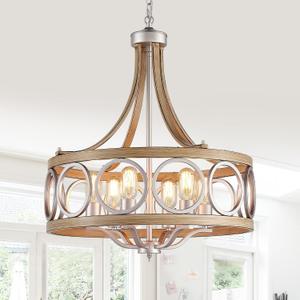 XINGQI Brushed Nickel Dining Room Chandelier 6 Lights Modern Farmhouse Chandelier 21.7" Round Hanging Lighting Fixture Rustic Metal Drum Pendant Lamp for Entryway Bedroom Kitchen
