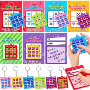 24 Pack Valentine's Day Gifts for Kids Classroom Tic Tac Toe Game Keychains with Valentine's Day Cards for Kids School, Valentine's for Kids Class Exchange Cards Gifts Prizes Party Favors for Boys Girls