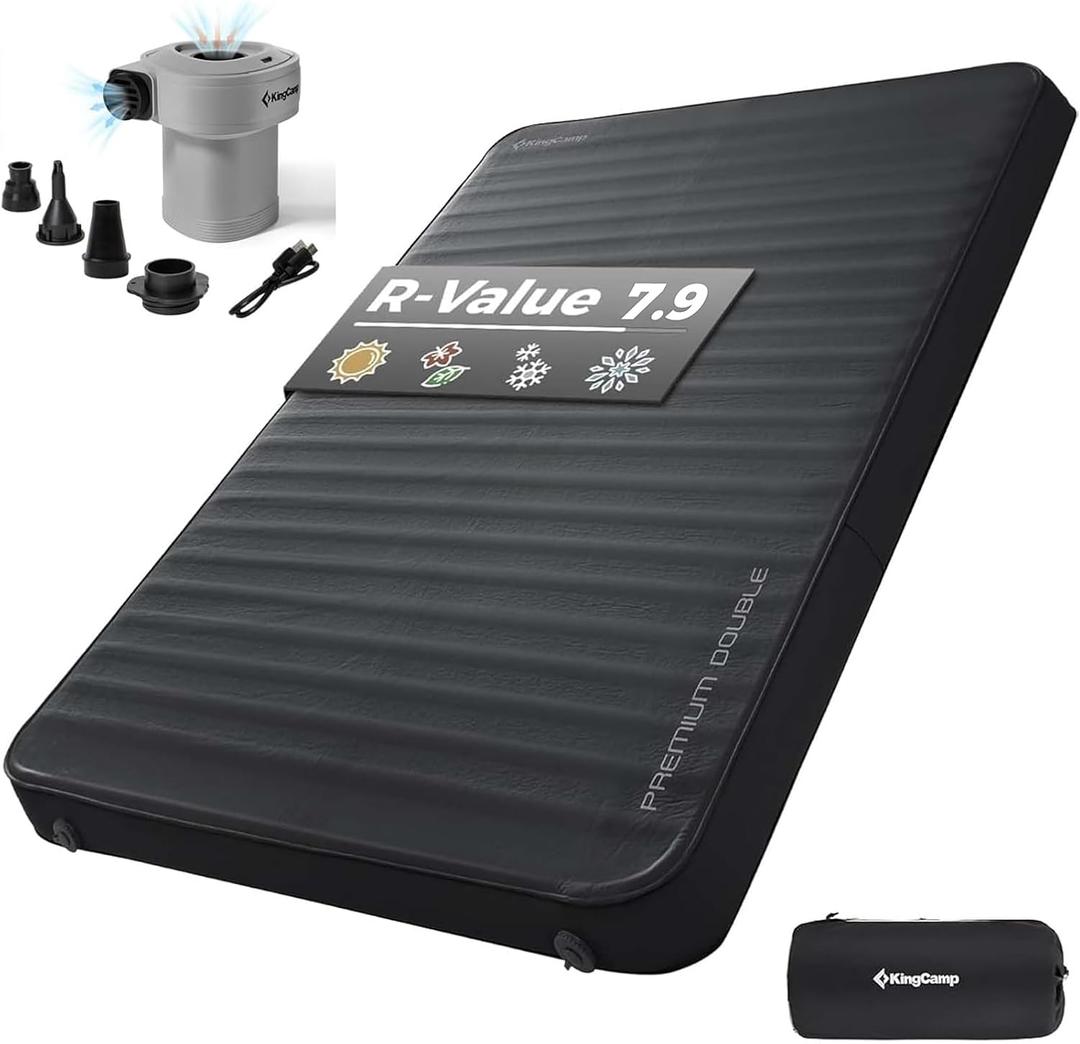 KingCamp Self Inflating Sleeping Pad, R 7.9 Air & Foam Camping Mattress 2 Person, 3" Thick Full Size Double Sleeping Pad with Air Pump for Camp Tent Outdoor Car, PVC Free (Black)