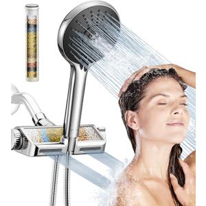 HOPOPRO Filtered Shower Head with Handheld Combo, Dual Water Softener Shower Head with Massage, High Pressure Shower Head with Filters for Hard Water, Remove Chlorine, Reduce Dry Itchy Skin (Chrome Black)