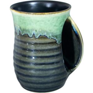 Hand Warmer Mug,18 Oz Handmade Pottery Hand Warming Coffee Mug Large with Pocket Right Handed (Grey/Green)