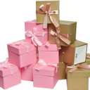 6 Gold & 6 Pink Gift Boxes with Lids,12 Pcs,10x10x10cm Beautiful Squared Boxes with Ribbons and Lids Perfect for Mother's Day Father's Day, New Year Gift Box4x4x4 Inch