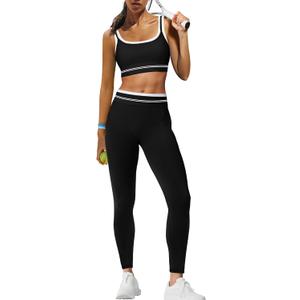 Panadila Womens Yoga Set 2 Piece Outfits Striped Workout Set Gym Matching Sports Bra and High Waist Leggings Activewear (Large, Black)