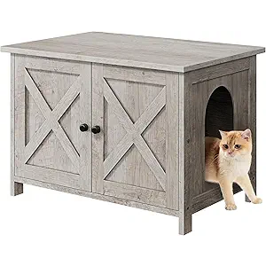 Shintenchi Cat Littler Box Enclosure, Litter Box Furniture Hidden with Removable Divider, Cat House with End Table, Grey