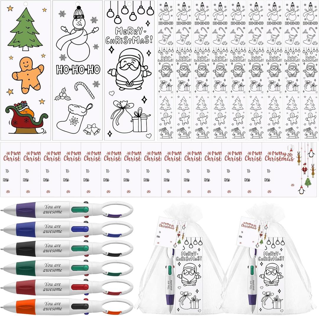 Zhanmai 30 Sets Christmas Classroom Gifts for Students Multicolor Pens with Color Your Own Bookmarks and Greeting Cards DIY Color Your Own Bookmark Craft for Kids Christmas School Classroom Gifts
