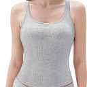 SUUKSESS Women Padded Cotton Ribbed Long Tank Tops 2025 Summer Going Out Basic Scoop Neck Cami Tops (X-Small, Light Grey)