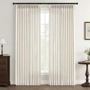 Pinch Pleated Linen Curtains 96 Inches Long for Living Room Bedroom Natural Birch Cream Ivory Thick Linen Textured Memory Trained Light Filtering Back Tab Pleated Drapes with Hooks Rings 72 Wide
