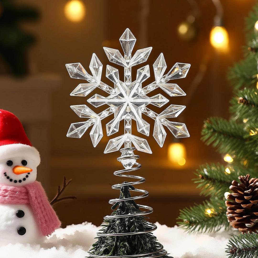 Lenwen Mini Snowflake Tree Topper Christmas Miniature Tree Topper Acrylic Small Snowflake Treetop Decoration Xmas Treetop Ornaments for Winter Holiday Party Decor(White,Shiny)