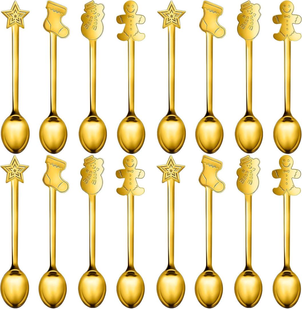 16 Pieces Christmas Spoon for coffee Creative Stainless Steel Stirring Spoon Bulk for Soup Dessert, 4 Styles(Gold)