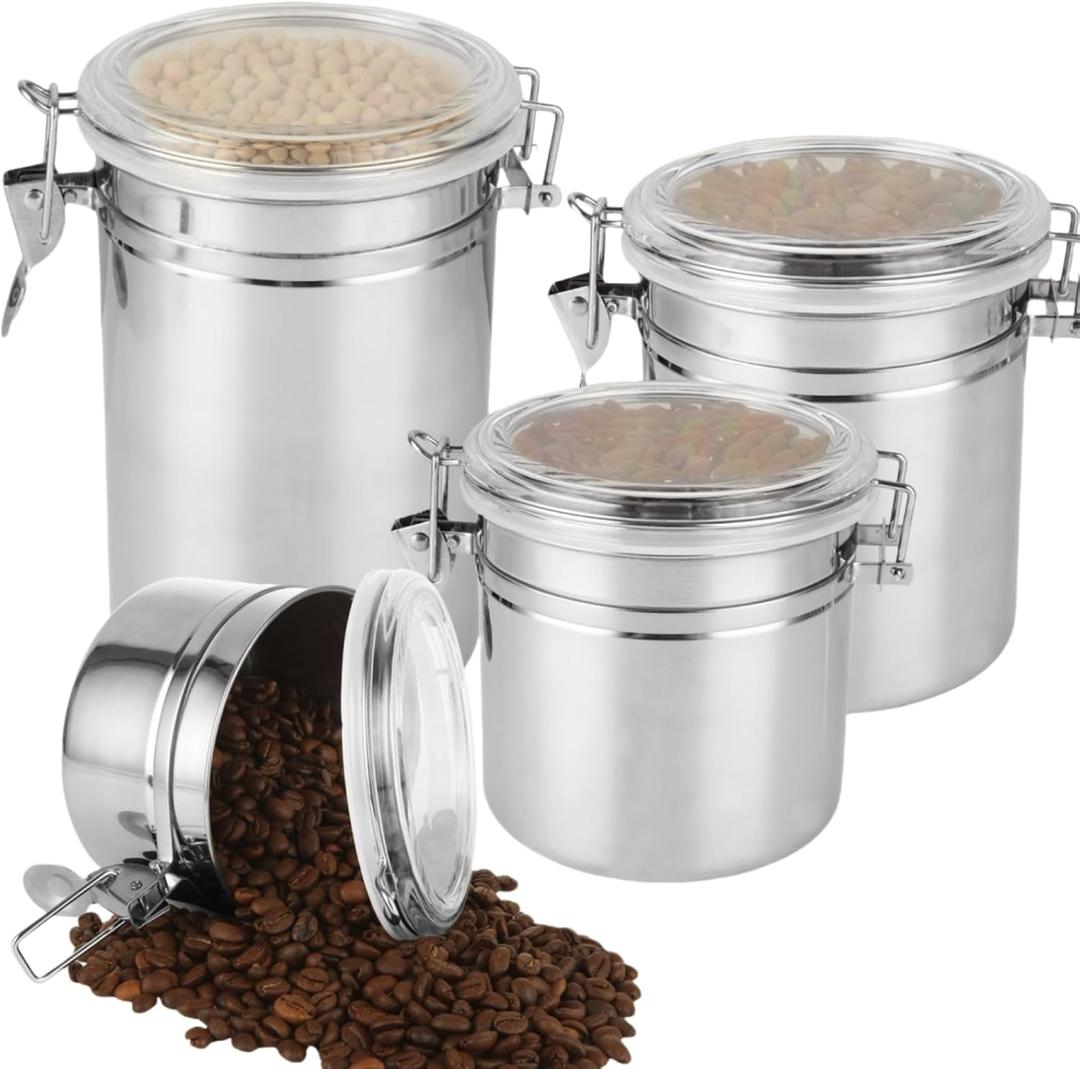 4 Pack Stainless Steel Kitchen Canisters for Countertop, Airtight Canisters Set Stainless Steel Food Storage Canister with Clear Lid for Sugar Flour Tea Spice, 24/38/47/63 oz