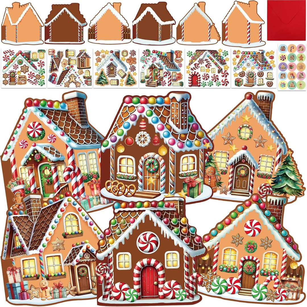 Treasure Cove Christmas Gingerbread Cards Craft Kit DIY Gingerbread House Card Christmas Crafts Kit Make Your Own Gingerbread House Decoration with Stickers for Kids Xmas Holiday Party Decor Supplies 12Pcs, 5.2" X 5.2"