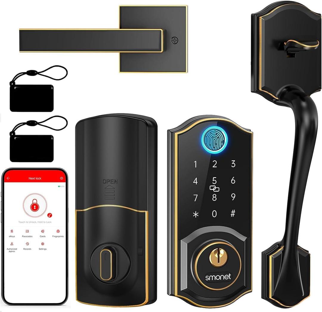 Smart Door Lock with Handle Set: SMONET Front Door Lock Set Keyless Entry, Fingerprint Keypad Bluetooth Alexa Deadbolt Lockset Suitable for Rental Management and Smart Home Residents