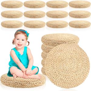 Barydat 12 Pcs Floor Cushions Round Large Pillow Seating Meditation Floor Pillow Boho Natural Woven Seat Cushion Japanese Tatami Cushion for Yoga Room Balcony Chair Pad, 15.75 Inch