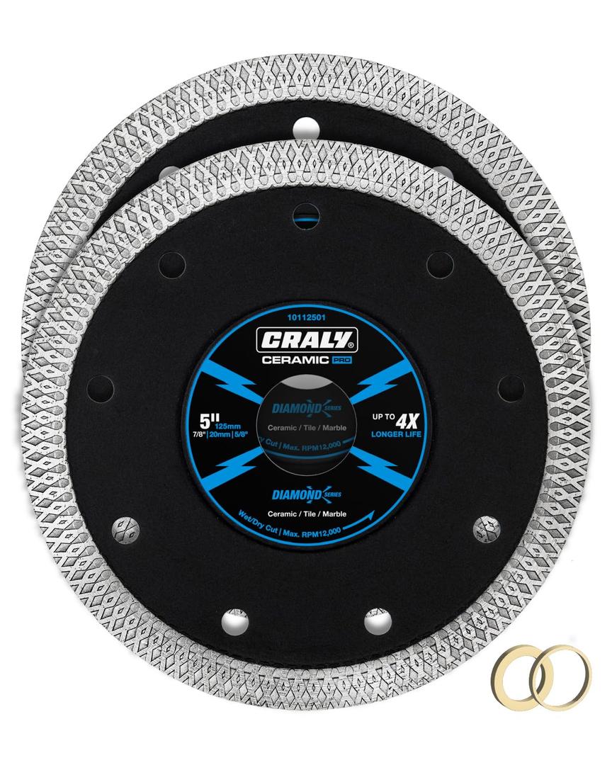 CRALY 5 Inch Super Thin Diamond Blade, 7/8 in Arbor, 5'' Diamond Tile Blade for Angle Grinder & Tile Saw, Diamond Cutting Wheel for Cutting Ceramic, Tile, Marble, Granite, Brick, Porcelain, 2PC