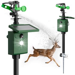 2 Packs Motion Activated Deer Repellent with Water Sprinkler, Solar Powered Cat Repellent Outdoor, IP65 Waterproof Deer Repellent Devices with Flashing Light, Deter Dogs Skunks Raccoons from Garden