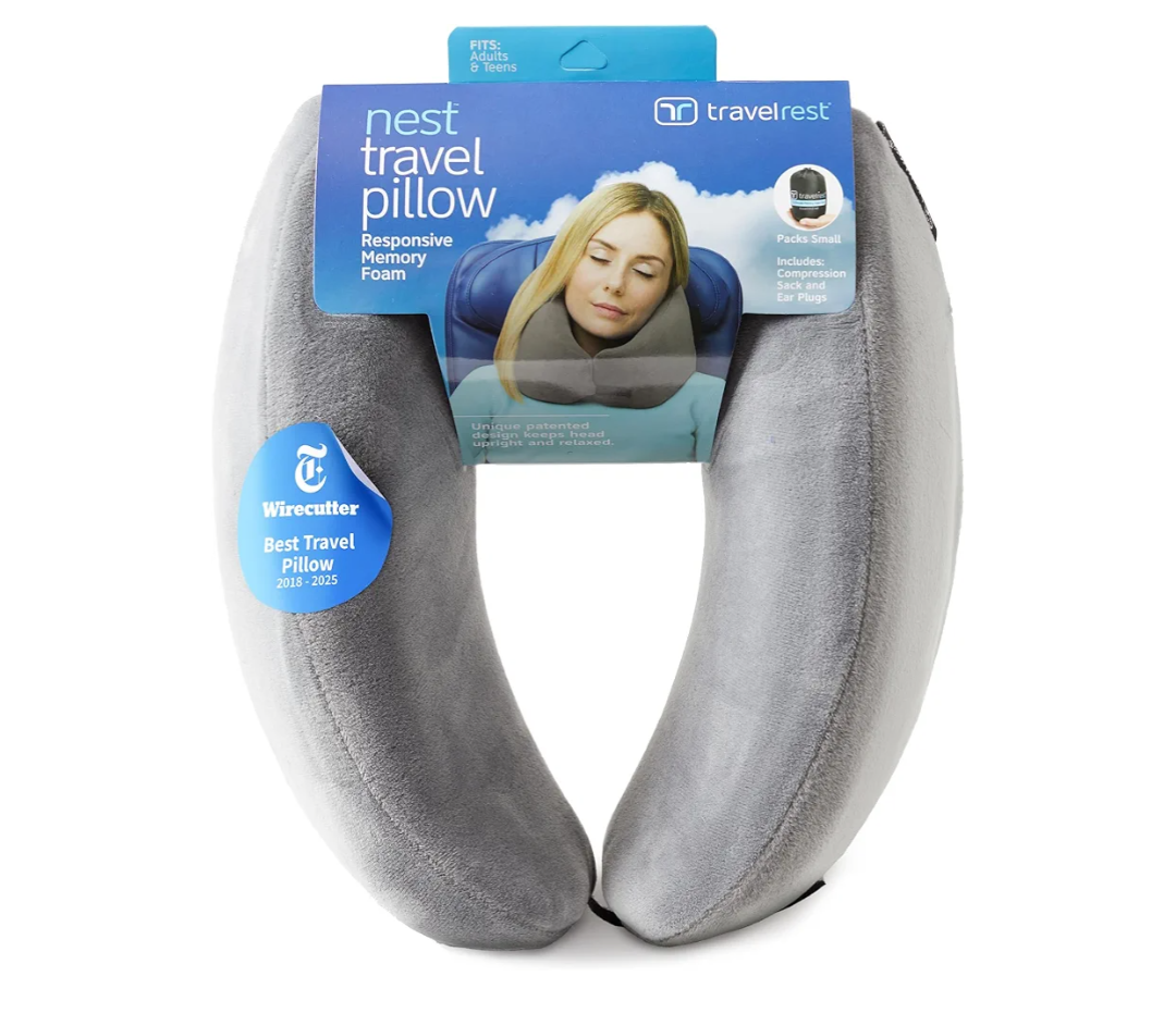 TRAVELREST Nest Neck Support Pillow - Travel Essentials, Memory Foam, Compact Travel Pillow for Long Flights, Plane Sleeping Accessories, Comfortable, Compact, Washable, Attaches to Luggage - Gray