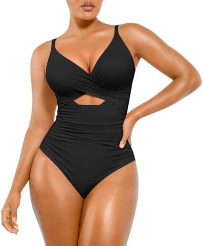 SHAPELLX Tummy Control Swimsuits Women V Neck One Piece Bathing Suit Ruched Push Up Slimming Swimwear Built-in Bra, L