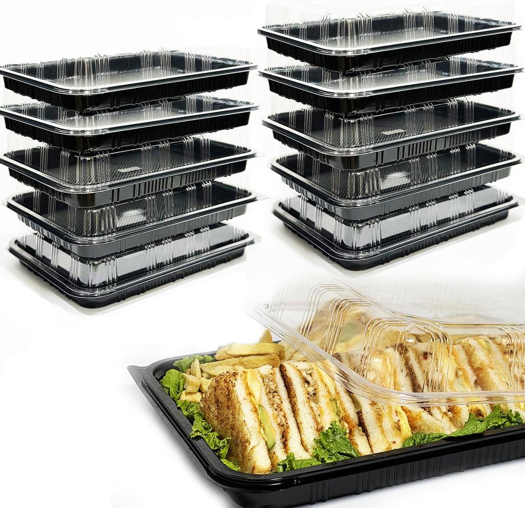 TRAYA Pack of 10 Serving Tray with lid - Reusable Catering Trays with Lids 13inch Long for Meal Prep, Cakes, Treats and Sandwiches (13 * 2.7 * 9.4inch)