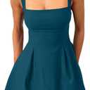 YMDUCH Women's Sexy Sleeveless Square Neck Adjustable Straps Bow Tie A-line Mini Party Club Dress (Teal, L)