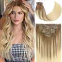 Loxxy Hair Extensions Clip in Human Hair Seamless Clip in Human Hair 14inch Light Brown Fading To Platinum Blonde Balayage Clip In Real Hair Extensions Natural Straight Ultra Thin Weft 110G 7Pcs #8/60