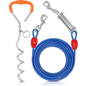 Petbobi Dog Tie-Out Cable and Stake - 30ft Heavy Duty Cable with Spring, No Tangle, 16in Ground Stake, Ideal for Yard, Camping and Beach, Suitable for Small Medium Large Dogs Up to 120 lbs, Blue (30 ft / 120 lbs)