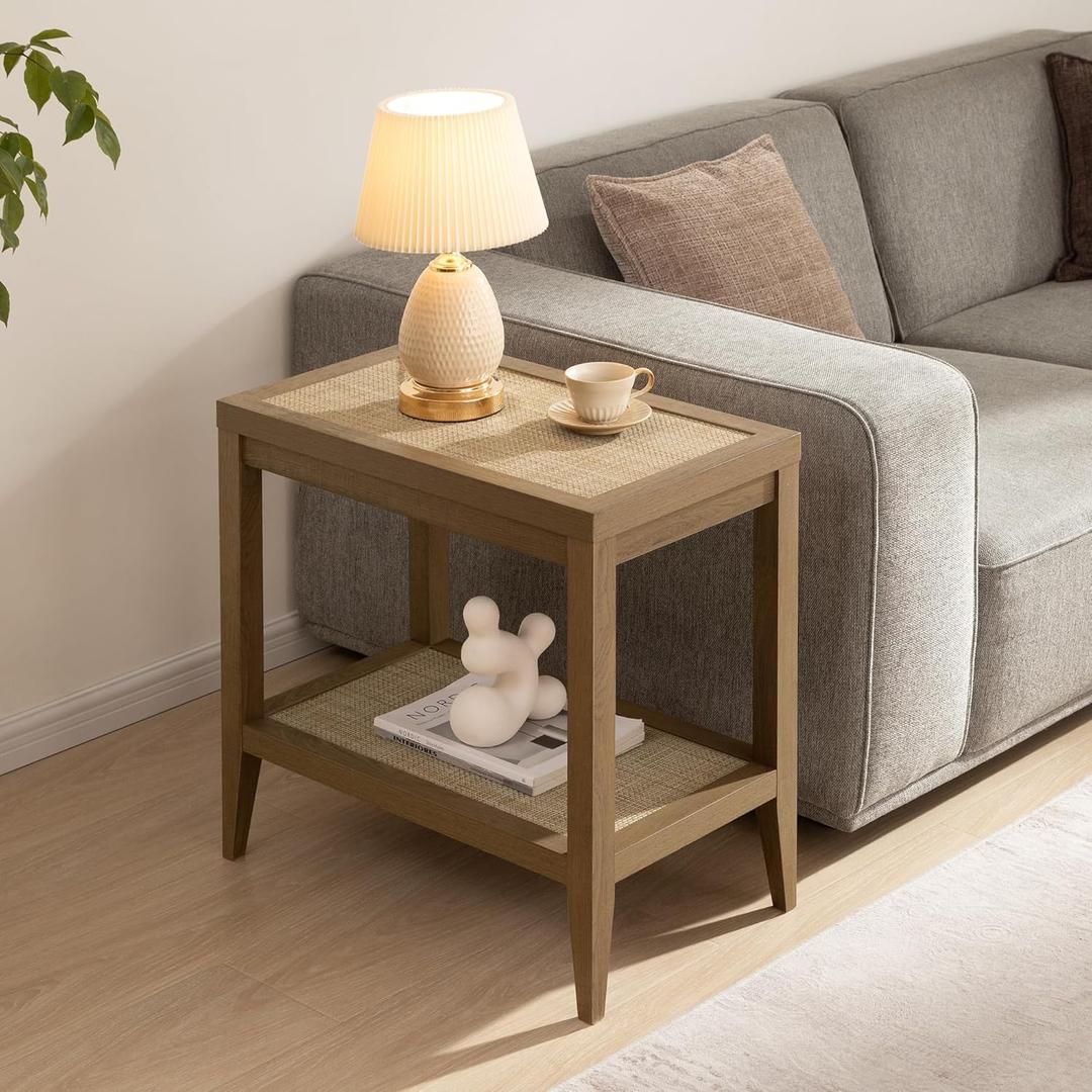 SICOTAS Rattan Night Stand Bedside Table - Farmhouse Boho Narrow End Table for Living Room - Accent Side Table with 2 Rattan Open Storage Shelves for Bedroom, Small Spaces (1 Piece, Reclaimed Caramel Oak)