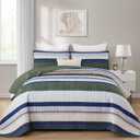 Dobuyly Queen Quilt Set, Boho Bedspread Queen Size, Green Striped Bedding Sets 3 Pieces, Lightweight Soft Olive Green Blue Coverlet Bed Sets with 2 Pillow Shams 96"x90"
